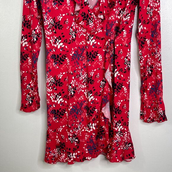 Urban Outfitters Red Floral Long Sleeve Ruffle Wrap Dress Women's Size Large - Picture 6 of 10